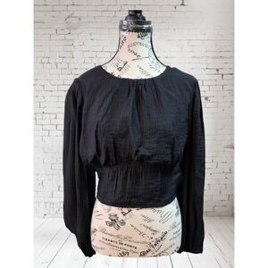 Current Air Sequin Tassel Balloon Sleeve Crop Top - Midnight Boho Glam - M